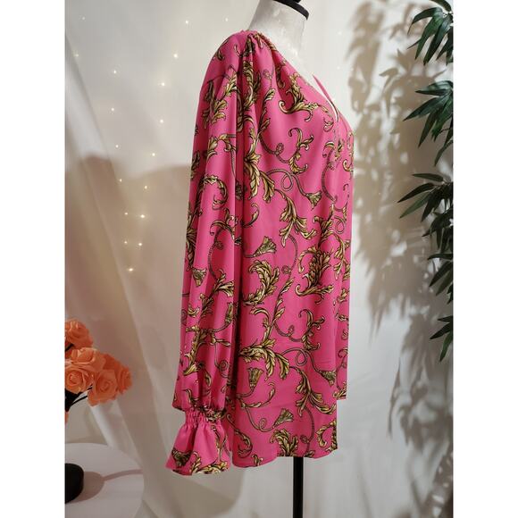 Belle Kim Gravel Status Update Smocked Sleeve Blouse Top Size 3X Rope Print Pink - Picture 4 of 10
